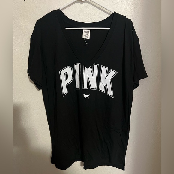 VICTORIA'S SECRET PINK Classic Logo Short Sleeve V Neck T Shirt Black Wms Sz L - Picture 1 of 4